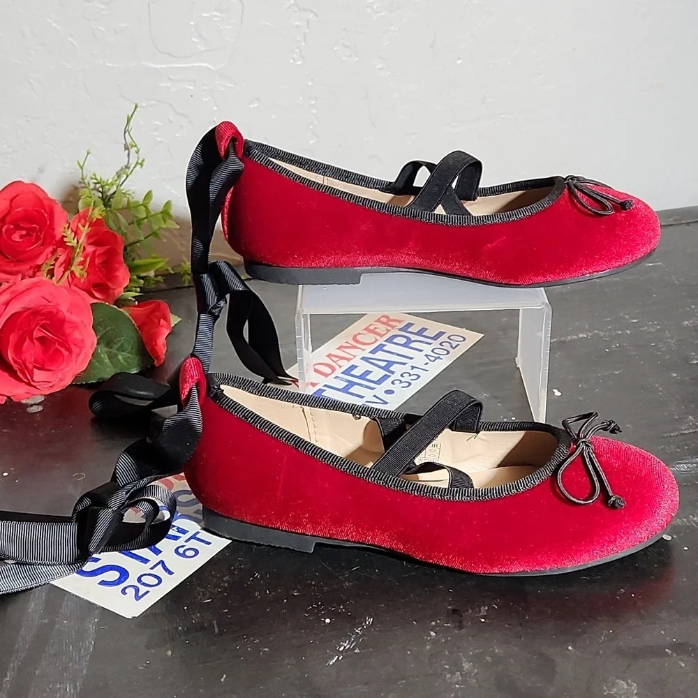 HOO Ted Velvet Ballerina Flats Bow Detachable Ribbon Tie Slip On Flats C…